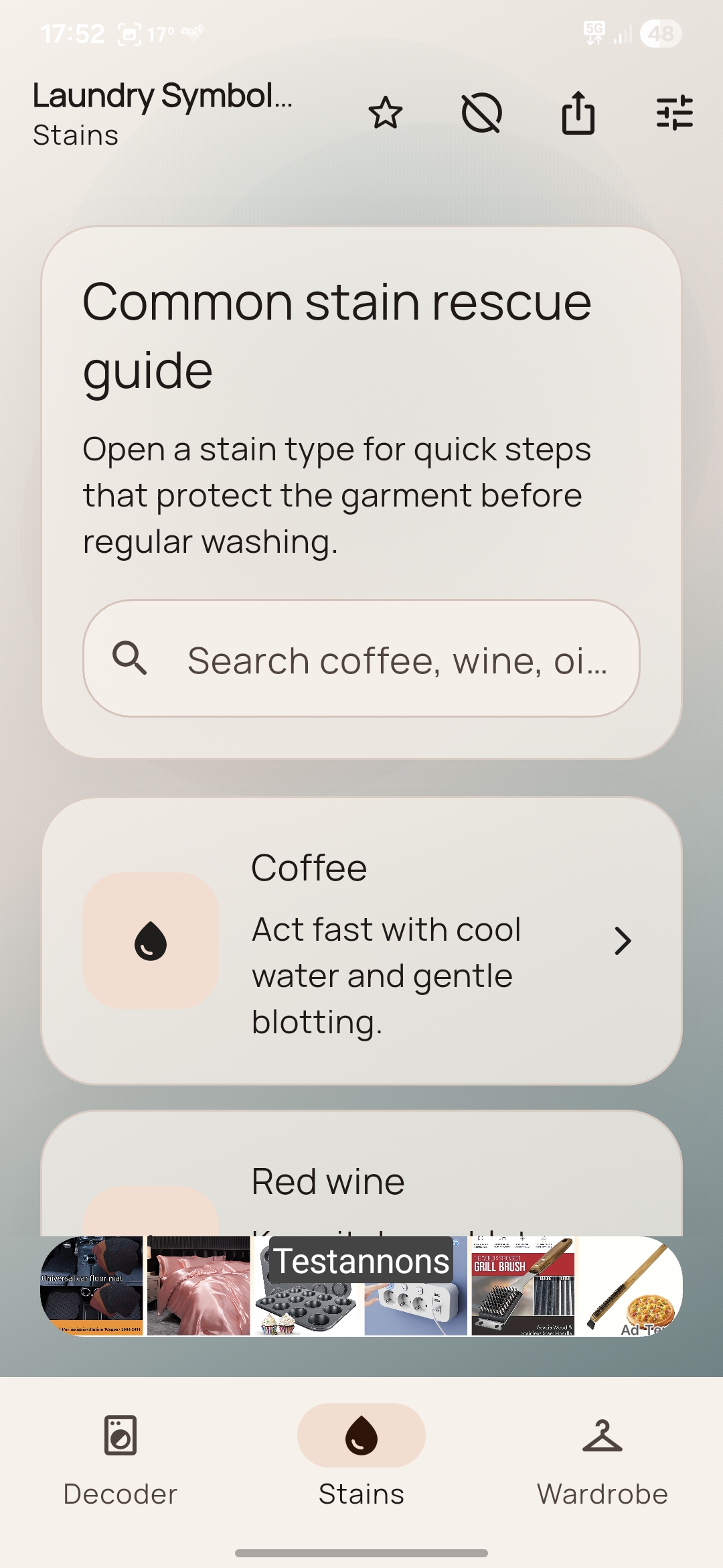 Laundry Symbol Decoder stain rescue guide screen